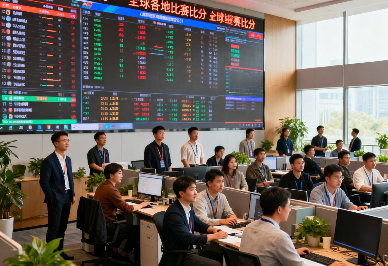 说球帝北京办公室团队合影，约40名员工在开放式办公区协作，背景墙上有巨大的赛事直播数据监控屏幕，实时滚动着全球各地比赛比分