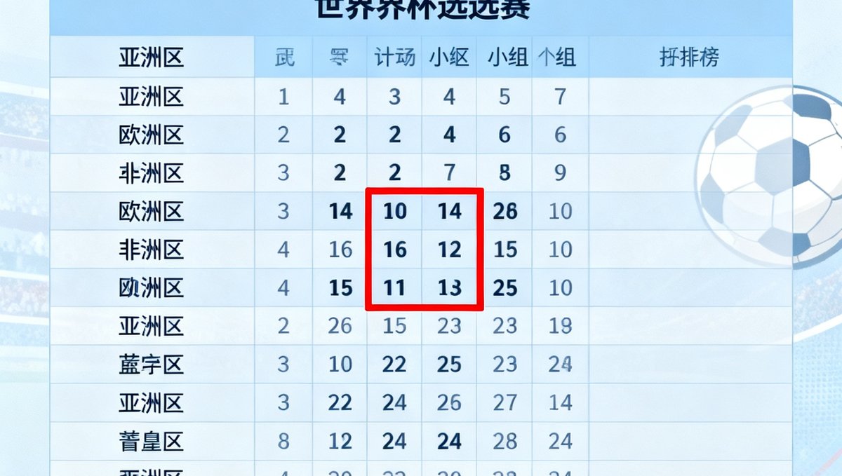 世界杯预选赛前瞻文章配图，展示各大洲预选赛积分榜截图，亚洲区中国队所在小组的排名被红色方框高亮标注
